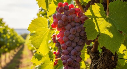 A bunch of red grapes hanging on a vine in a vineyard on a sunny day