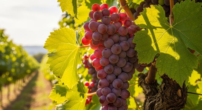 A bunch of red grapes hanging on a vine in a vineyard on a sunny day