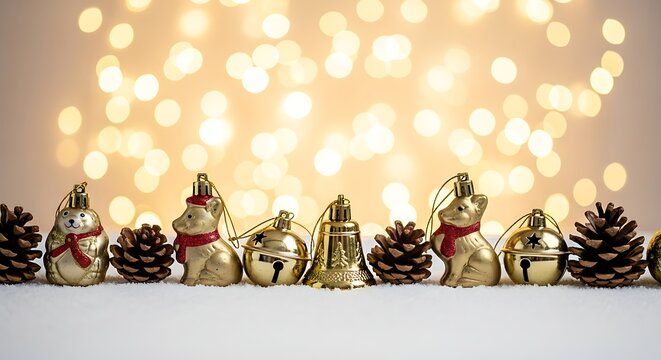 Row of golden christmas ornaments and pine cones on snowy surface with bokeh lights