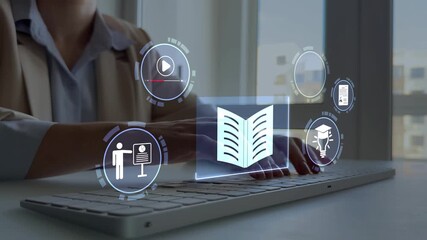 E-learning and online education technology concept.Digital internet lessons and online webinar on virtual screen.E-learning education.Woman using computer with digital E-learning icons. - Powered by Adobe