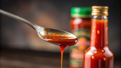 Hot sauce bottle drips from spoon, rich red chili liquid glows, savory heat teases senses with smooth texture and moody kitchen backdrop