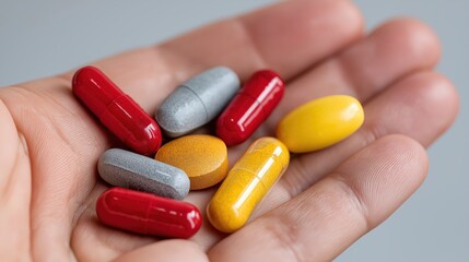 Human hand holding a mix of colorful medical capsules and pills for pharmaceutical, healthcare, or supplement industry use
