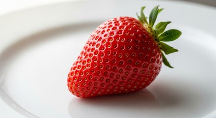 Closeup of a fresh ripe strawberry on a white plate in studio light