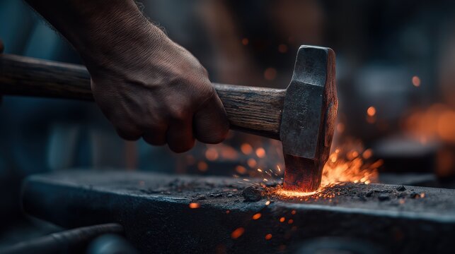 Blacksmith hammering glowing hot metal on heavy anvil, intense flying sparks and authentic workshop atmosphere