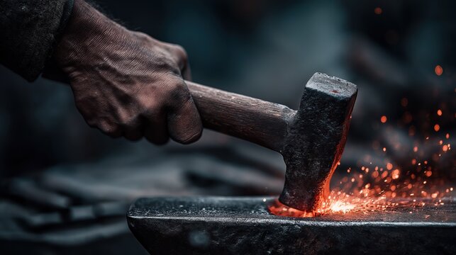 Blacksmith striking red-hot metal with hammer on steel anvil, sparks flying in traditional workshop, close-up of manual forging process