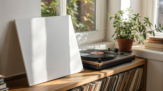 Blank White Vinyl Record Label Mockup Collection, Photorealistic Black Vinyl Disc with Clean Center Label, High-Resolution Record Label Templates for Album Artwork, Logo and Branding Presentation Mock
