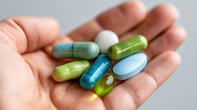 Open hand holding assorted green and blue capsules and pills for modern healthcare, pharmaceutical, and wellness concepts