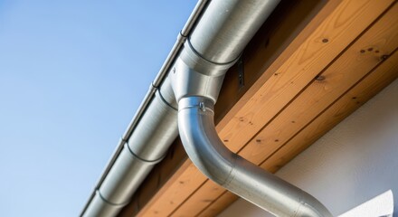 Closeup of a silver metal rain gutter attached to a wooden roof against a clear blue sky, showcasing the drainage systems functionality and architectural integration for effective water management