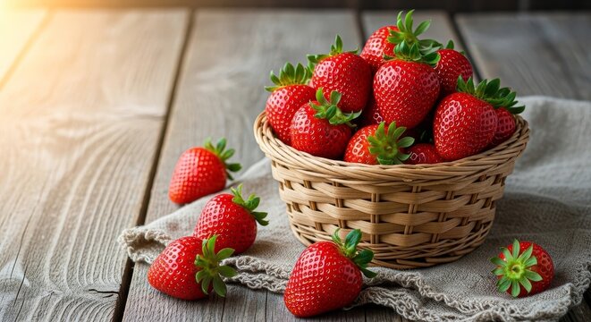 Fresh strawberries in a basket on a wooden table in the morning light