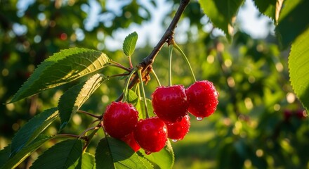 Obraz premium Ripe red cherries hanging on a branch in the garden on a sunny day