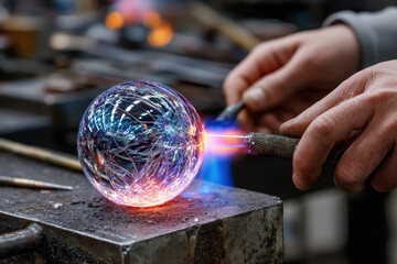 Obraz premium Glassblower Shaping Molten Glass Sphere with Flame