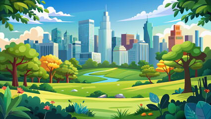 Very beautiful scenic view of Central Park with vibrant green grass and leafy trees framing the distant New York City skyline under a clear, sunny sky, capturing a harmonious blend of nature and urban