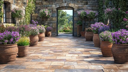 Lush garden patio with flowers in terracotta pots and stone archway