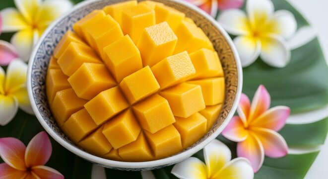 Fresh ripe mango fruit cut into cubes in a bowl with tropical flowers