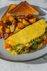 omelette with toast and hashbrowns on plate in hard light