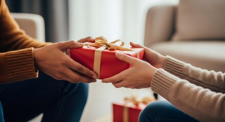 Woman gives red gift box tied with ribbon to another woman. Exchange of presents for celebration, holiday concept.
