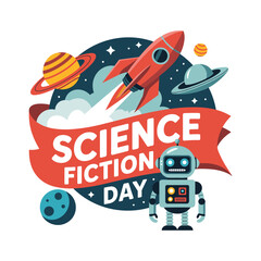 Science Fiction Day Illustration with Rocket, Robot and Colorful Planets