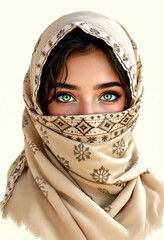 Portrait of a bedouin woman with green eyes and traditional patterned headscarf