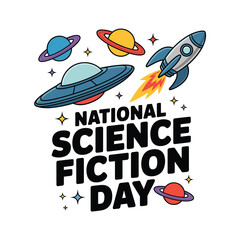 National Science Fiction Day Illustration with Rocket, UFO and Planets