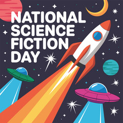 National Science Fiction Day Illustration with Rocket and UFOs in Space