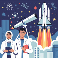 Male and Female Scientists with Telescope and Rocket Launch Space Research Illustration