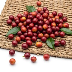 Obraz premium Vibrant red coffee cherries, freshly harvested, representing the crucial raw material destined for processing with traditional coffee equipment, essential for crafting authentic brews