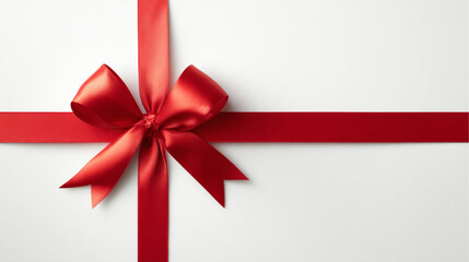 Clean white background with a single red Christmas ribbon and bow arranged on the side, minimal elegant holiday design, lots of negative space.