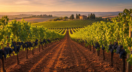Scenic vineyard with ripe grape clusters in rows, under warm light. Represents agricultural wealth and the tradition of winemaking, evokes rural tourism