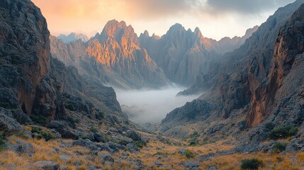 Mountain valley view with golden sunlight and mist filling the valley floor