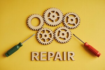 Repair service concept with gears and tools for maintenance and engineering