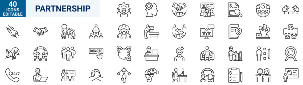 Partnership line web icons. Contains such icons as business, trust, collaboration, goal, teamwork, share, performance, knowledge and planning Editable stroke.