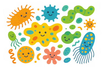 Colorful happy bacteria and virus microbes characters set. Cartoon germs and microorganisms on transparent background