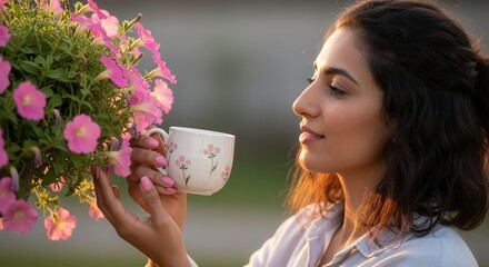 A woman enjoying a cup of tea while admiring pink petunias in a garden. Profile view during a warm golden hour. Self-care and relaxation concept