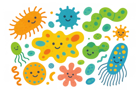 Colorful happy bacteria and virus microbes characters set. Cartoon germs and microorganisms on transparent background - Powered by Adobe