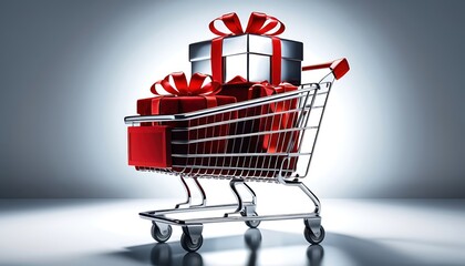 Holiday gifts in a Clean Studio style shopping basket in silver and red, symbolizing Christmas sales and holiday ecommerce offers with space for text.