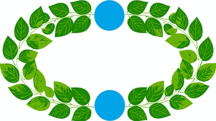 A vibrant, oval-shaped leafy border with light green veins, two blue circles, and white background