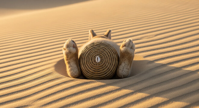 A plush toy resembling a snail, with a tightly coiled, textured, rope-like shell, is partially buried in the rippled sand dunes of a desert
