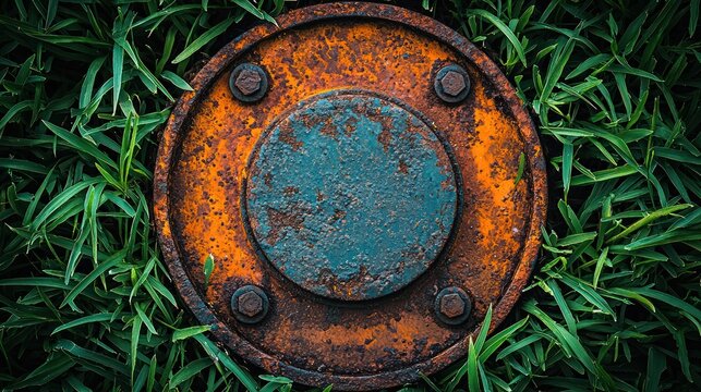Rusted metal disc with bolts sits amidst lush green grass, close-up, overhead shot