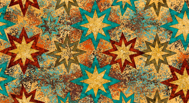 Vibrant distressed multi-pointed star pattern background showcasing an antique, rustic aesthetic with textured grunge surface in teal, brown, and golden hues, ideal for decorative designs