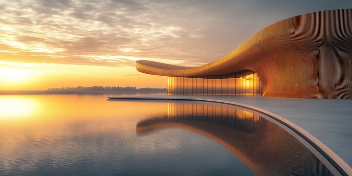 Minimalist modern building made of wood with golden light reflections on water at sunset featuring large windows embracing sea views
