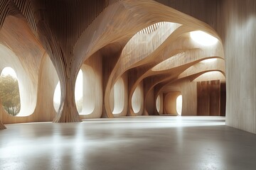 Interior of an architectural building made from wood featuring parametric architecture with arches and circular windows