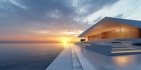Stunning modern building on the water edge with white stone steps and wooden slats at sunset creating tranquil atmosphere