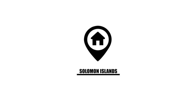 Black house icon on map pin with Solomon Islands text on white background Keywords: Solomon Islands, house, home, location, map pin, marker, icon