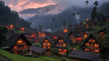 Picturesque traditional wooden village nestled among misty mountains at twilight with warm illuminated windows glowing against the moody blue evening sky and fog