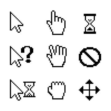 Collection of pixelated white computer cursors and loading icons including arrow pointer hand and hourglass isolated on transparent background
