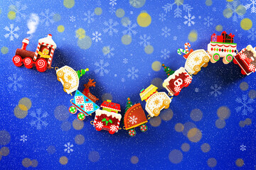 Colorful wooden toy Christmas train carrying gifts in a wave shape on a deep blue background with snowflakes and bokeh effects.