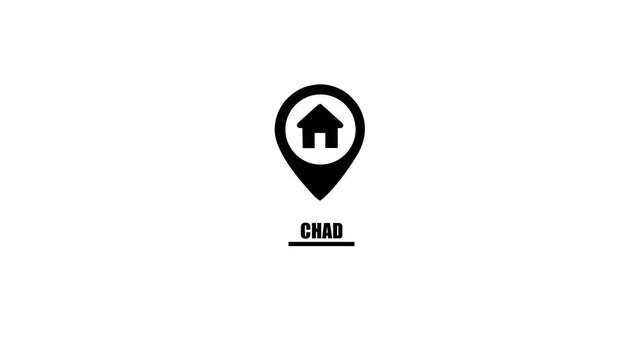 Chad location pin icon with house symbol and text on white background Keywords: Chad, location, pin, icon, house, home, symbol, map, marker