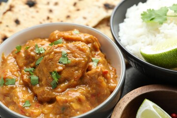 Delicious chicken tikka masala, cilantro, rice and lime on table, closeup