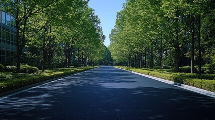 Obraz premium Straight road lined with lush green trees under a sunny blue sky