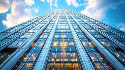 Tall skyscraper rises toward blue, cloudy sky, windows reflecting sunlight